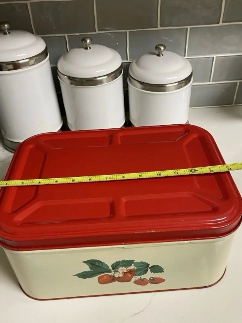 Vintage Strawberry Shabby Chic Hinged Red Metal Bread Box & Canister Set